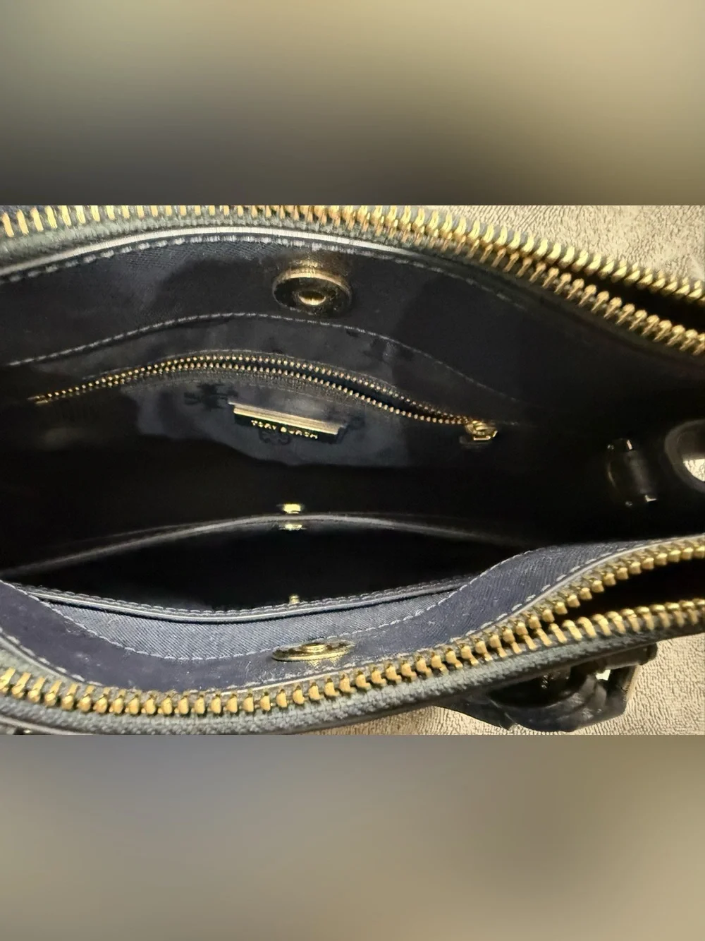 Tory Burch Quilted Navy Mini Satchel with Gold Hardware
